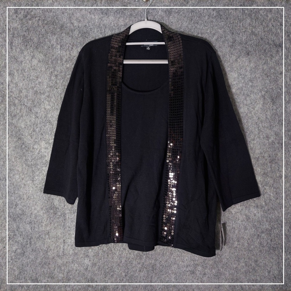 Elementz Womens Cardigan 1X Black Sequin Trim Open Front Knit 3/4 Slv Dressy Top